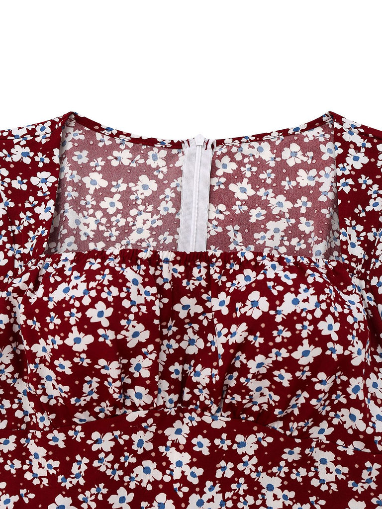 Rot 1940er Blumen Quadratischer Hals Puffärmel Kleid
