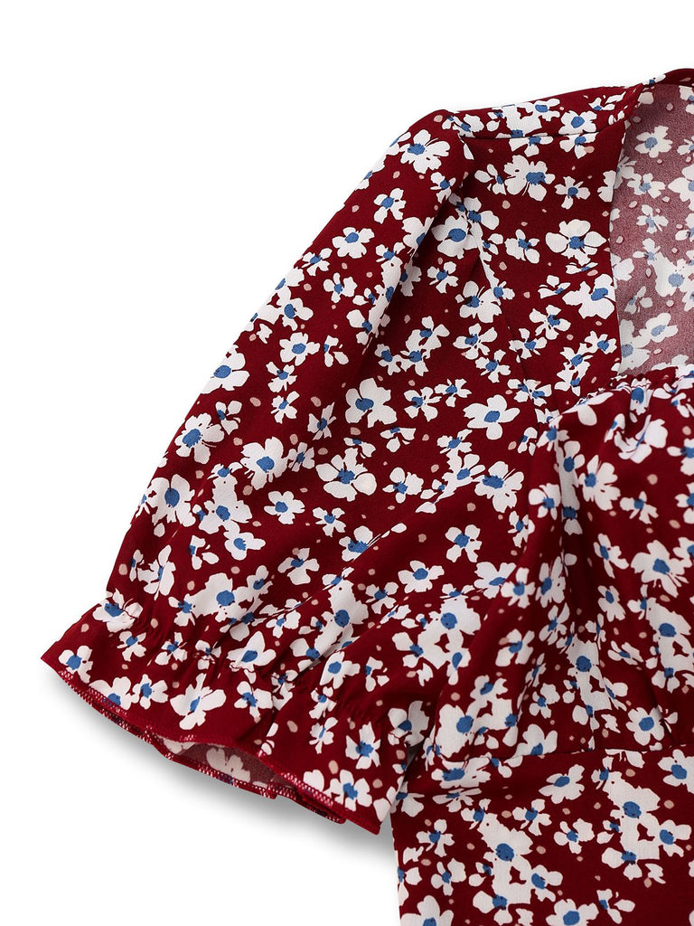 Rot 1940er Blumen Quadratischer Hals Puffärmel Kleid