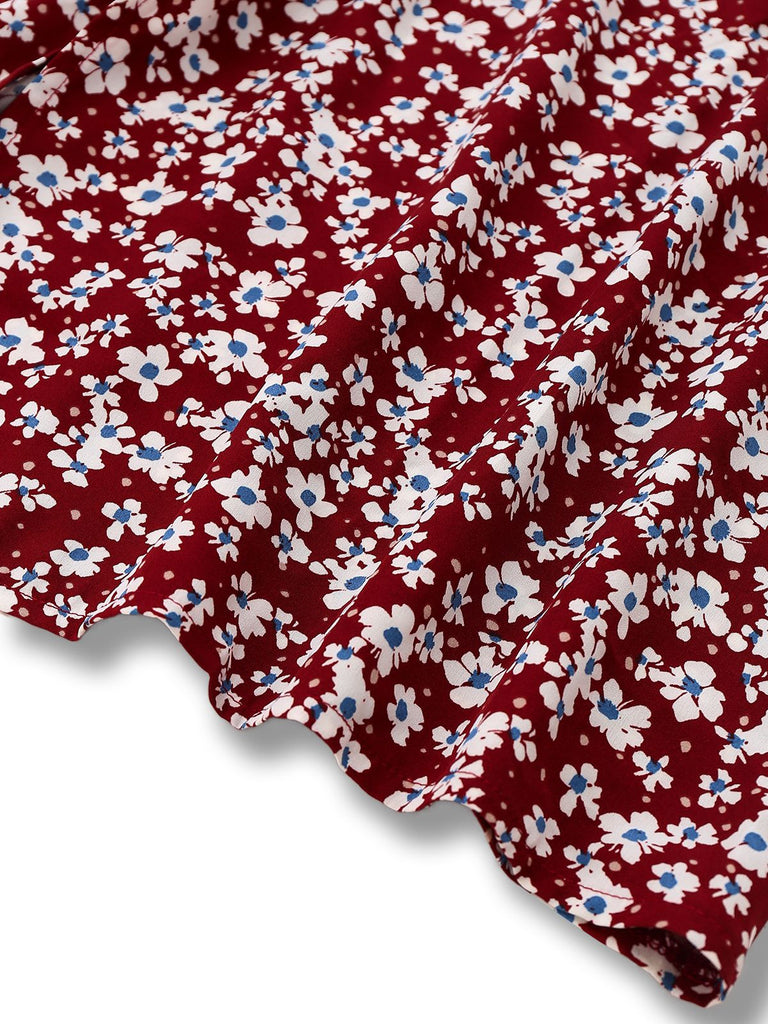 Rot 1940er Blumen Quadratischer Hals Puffärmel Kleid