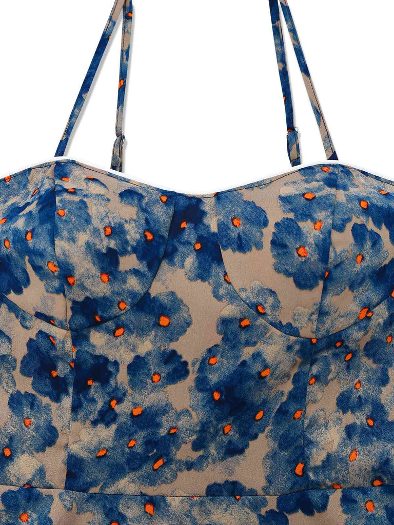 Blau 1940er Blumen Spaghetti Träger Kleid
