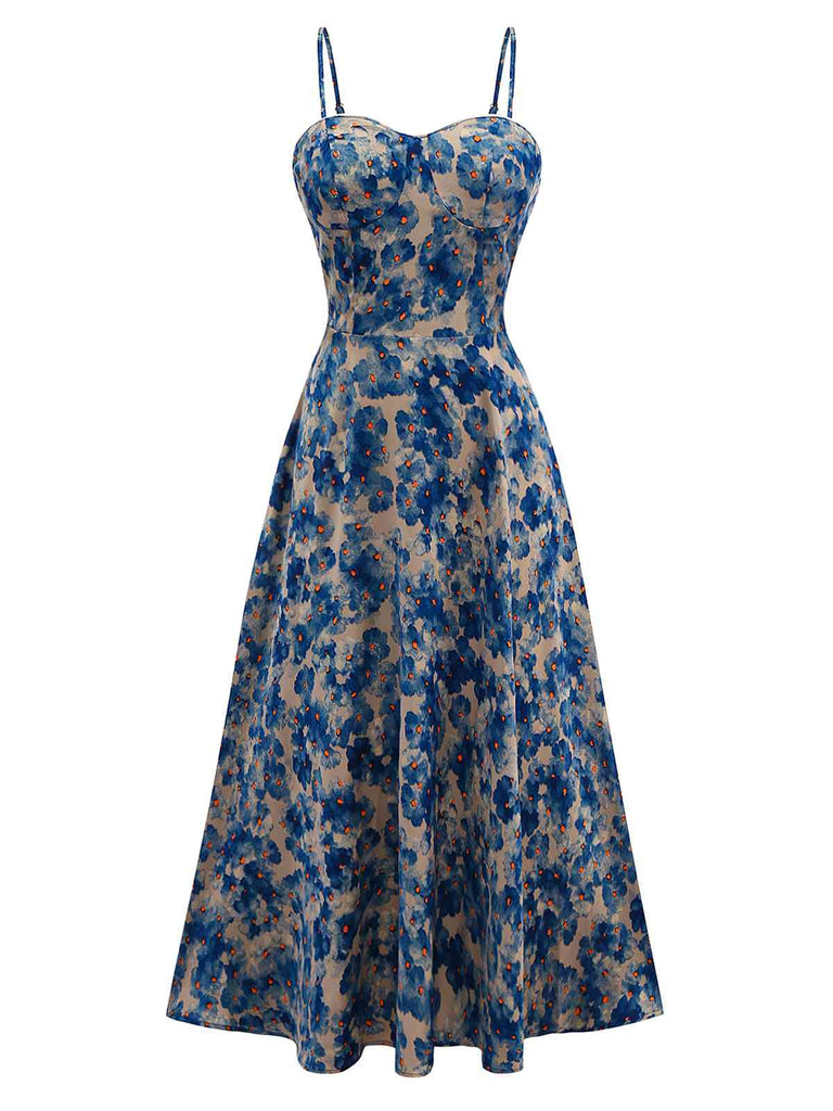 Blau 1940er Blumen Spaghetti Träger Kleid