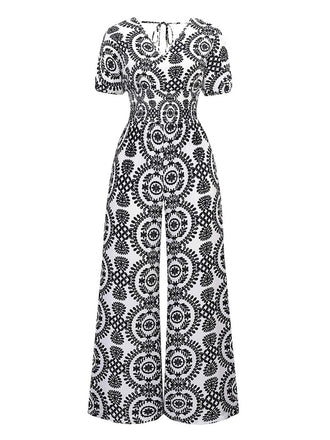 1970er V-Ausschnitt Boho Puffärmel Weites Bein Jumpsuit