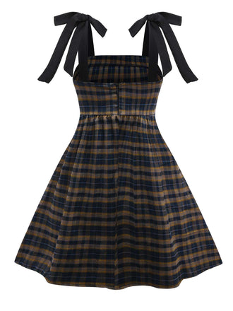 Dunkelkaffee 1950er Bogen Träger Plaid Kleid