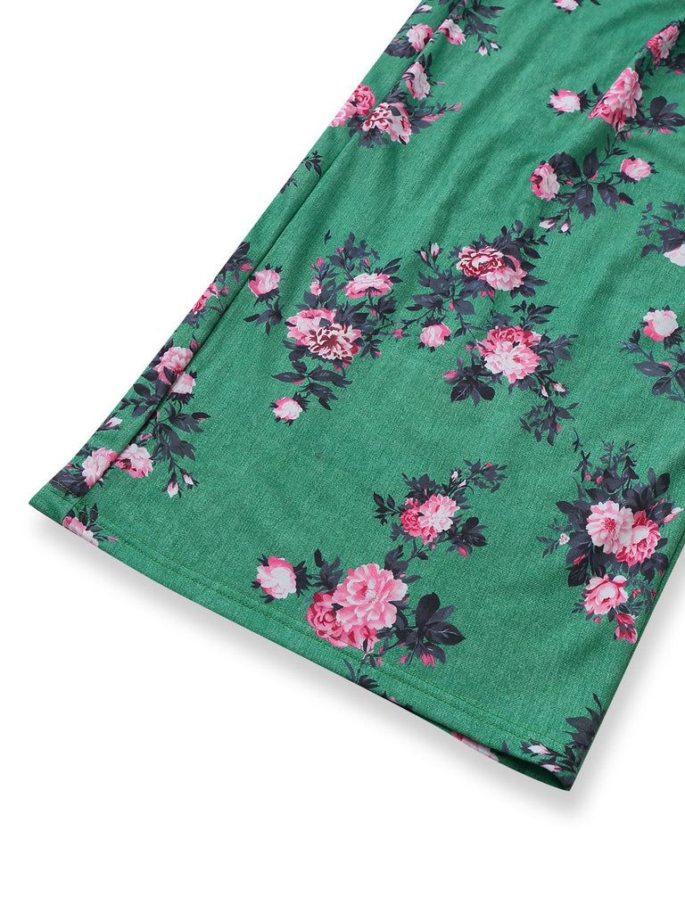 Grün 1940er Blumen Drucken Weitbeinig Jumpsuit