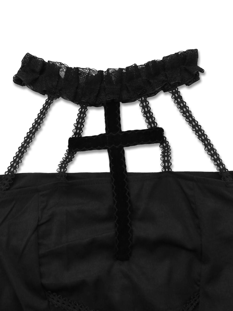 Schwarz 1930er Gothic Spitze Halter Meerjungfrauen Kleid