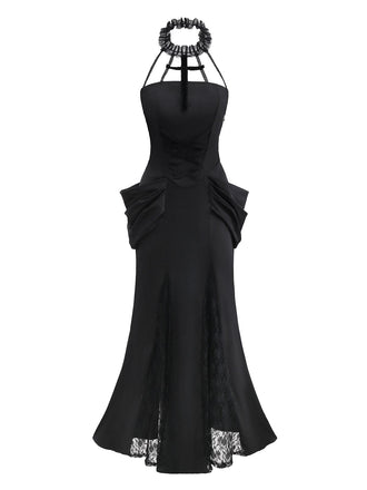 Schwarz 1930er Gothic Spitze Halter Meerjungfrauen Kleid