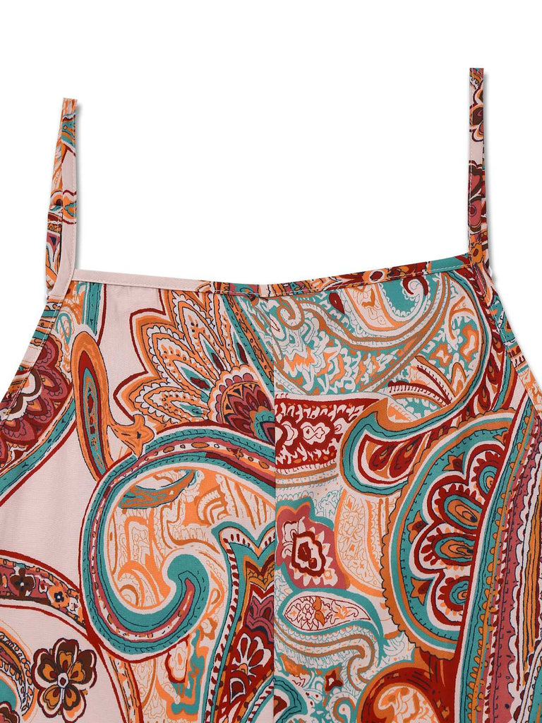 Multicolor 1970er Boho Spaghetti Träger Jumpsuit