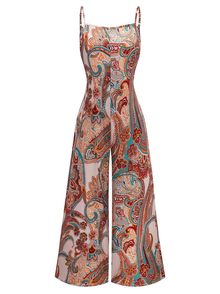 Multicolor 1970er Boho Spaghetti Träger Jumpsuit