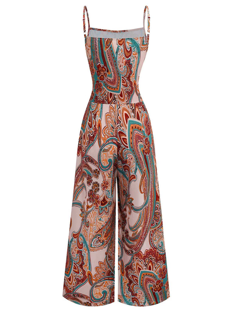 Multicolor 1970er Boho Spaghetti Träger Jumpsuit
