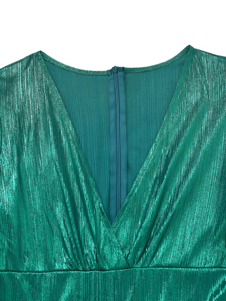 1970er Metallisch V-Ausschnitt Weites Bein Jumpsuit