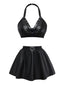 Schwarz 1960er PU Leder Herz Cutout Lingerie 3-Stück Set