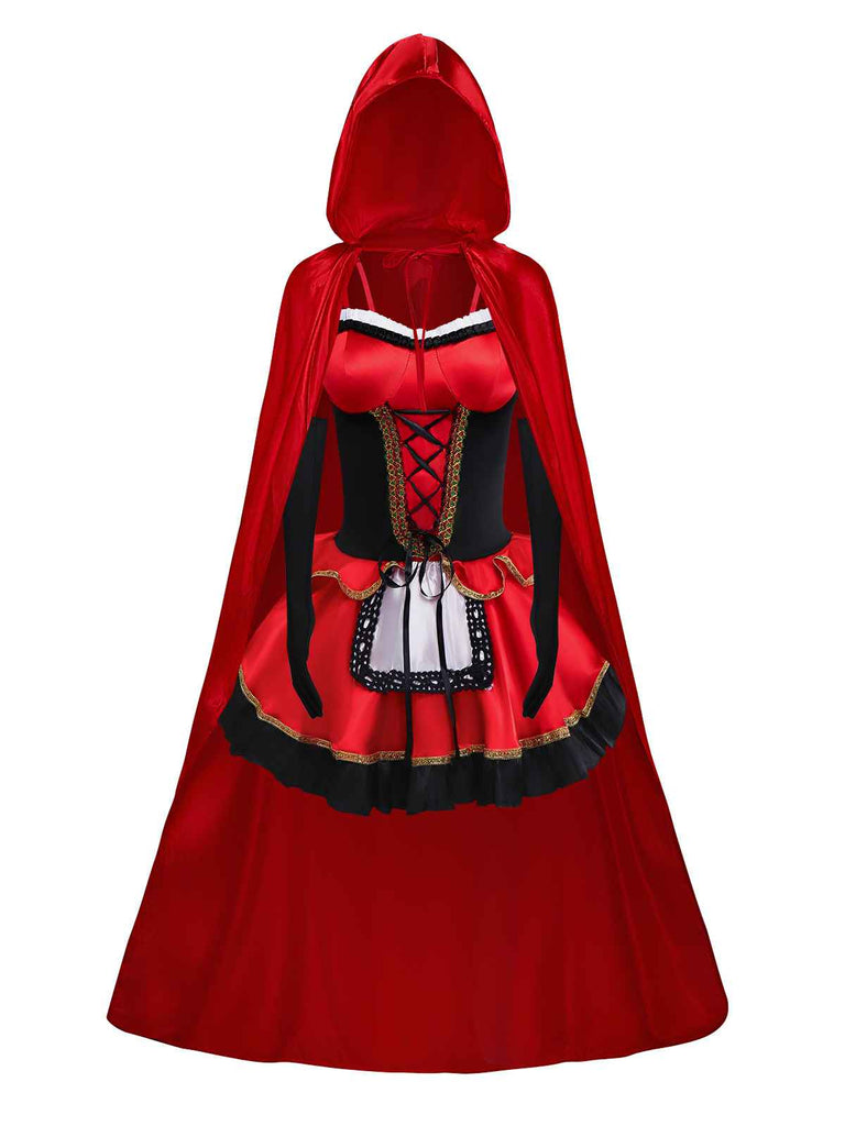 2PCS Rot 1970er Reiten Hood Kostüm Cape Mit Korsett Kleid