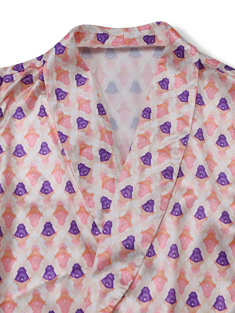 2PCS Rosa 1930er Bedruckt Puffärmel Gürtel Blazer & Hose