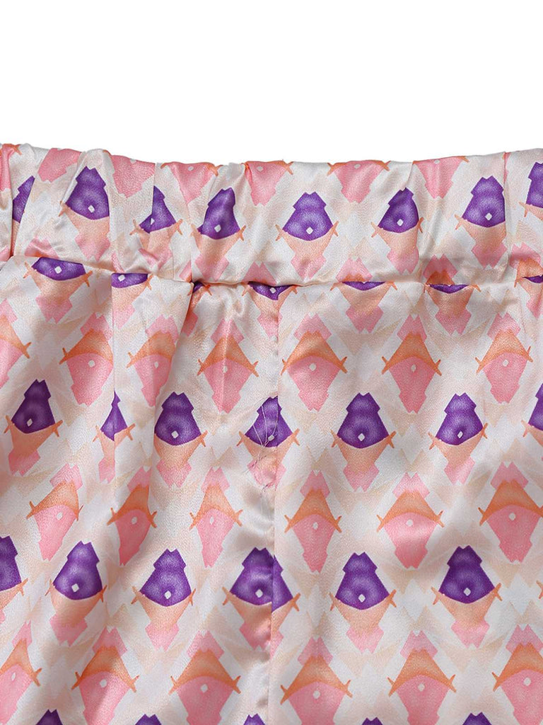 2PCS Rosa 1930er Bedruckt Puffärmel Gürtel Blazer & Hose