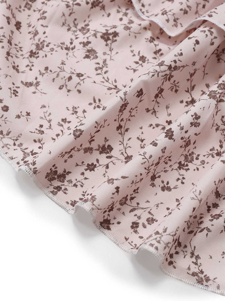 Mehrfarbig 1940er Blumen V-Ausschnitt Unregelmäßig Rüschen Saum Kleid