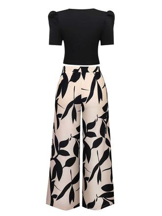 2PCS Schwarz 1970er Solide Top & Blätter Gedruckt Hosen