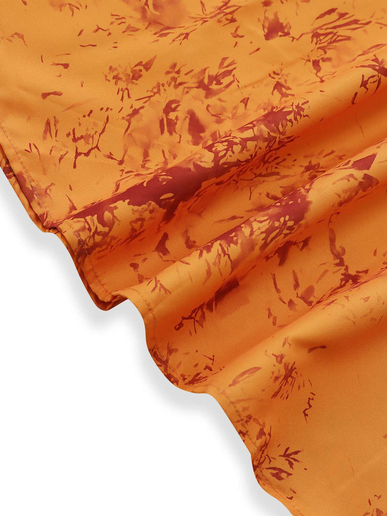 Orange 1930er Baumwolle Ärmellos Bedruckt Tailliert Kleid