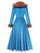 Blau 1980er Pelz Kragen Patchwork Maxi Kleid
