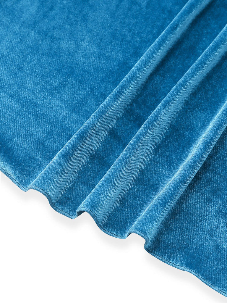 Blau 1980er Pelz Kragen Patchwork Maxi Kleid