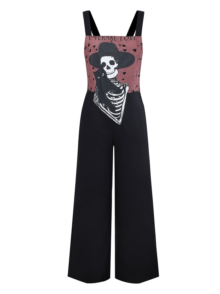 Schwarz 1970er Halloween Gothic Skeleton Straps Jumpsuit