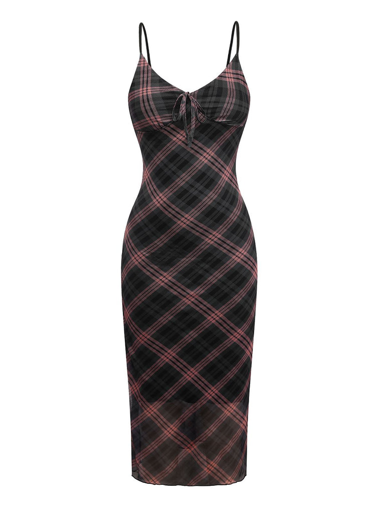 Braun 1930er Plaid Suspender V-Ausschnitt Schlank Maxi Kleid