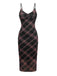 Braun 1930er Plaid Suspender V-Ausschnitt Schlank Maxi Kleid