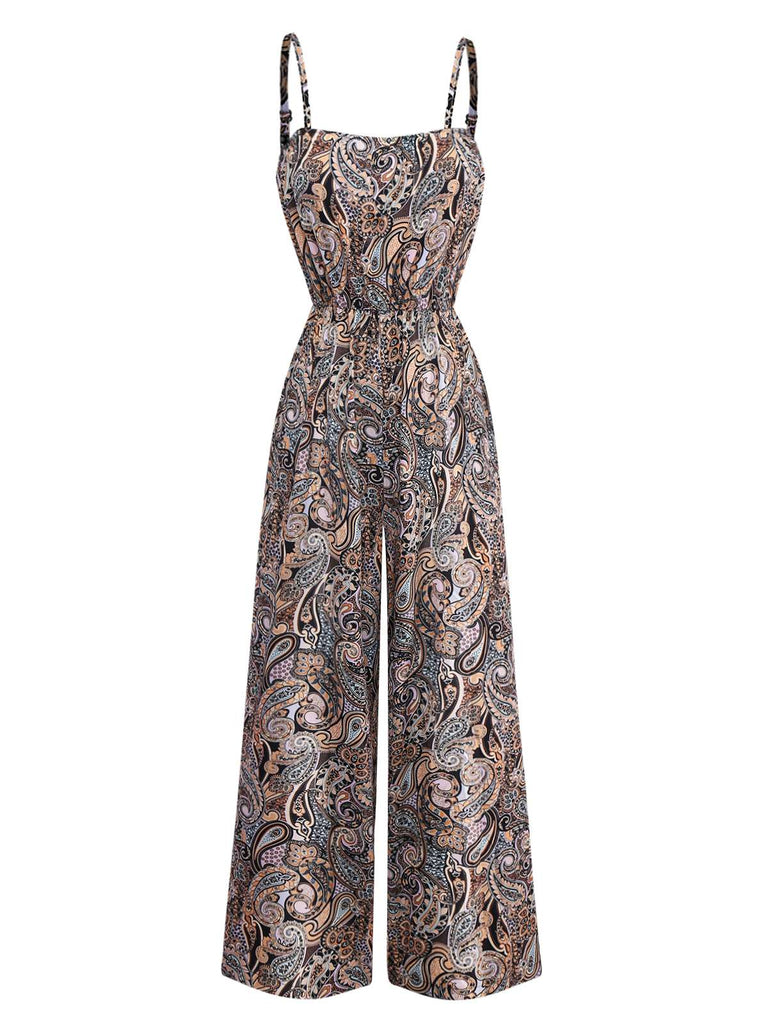 Multicolor 1970er Boho Paisley Spaghetti Träger Jumpsuit