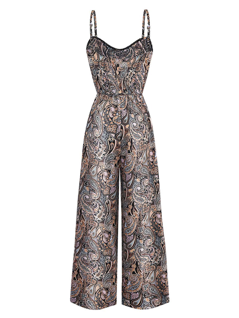Multicolor 1970er Boho Paisley Spaghetti Träger Jumpsuit