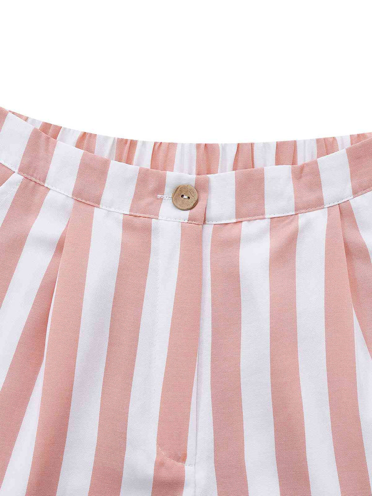 2pcs Khaki 1960er Streifen Quadratischer Hals Ärmellos Weste & Shorts