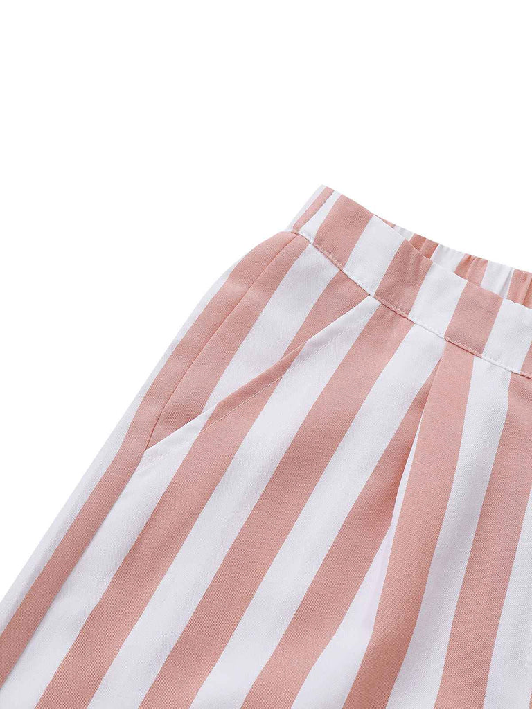 2pcs Khaki 1960er Streifen Quadratischer Hals Ärmellos Weste & Shorts