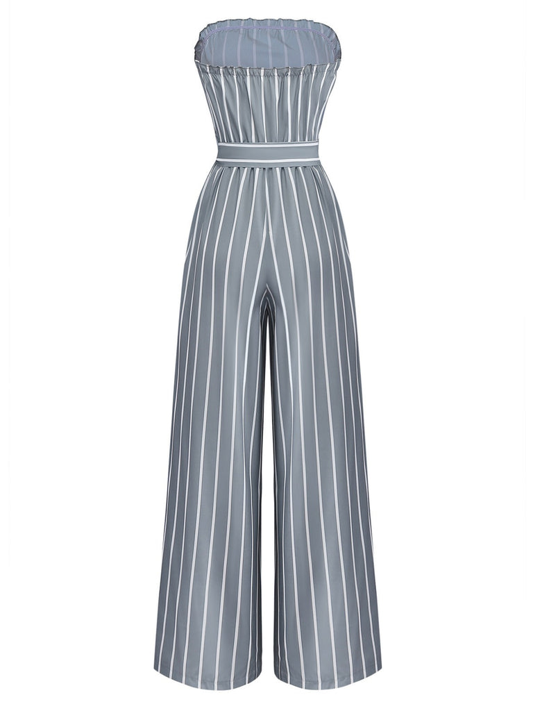 Grau 1930er Trägerlos Streifen Gegürtet Jumpsuit