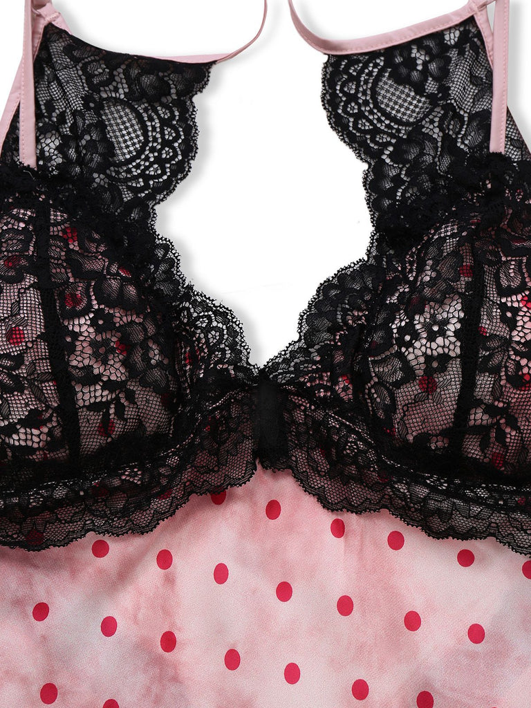 Rosa 1940er Satin Polka Dot Spitze Besatz Rückenfrei Nachthemd