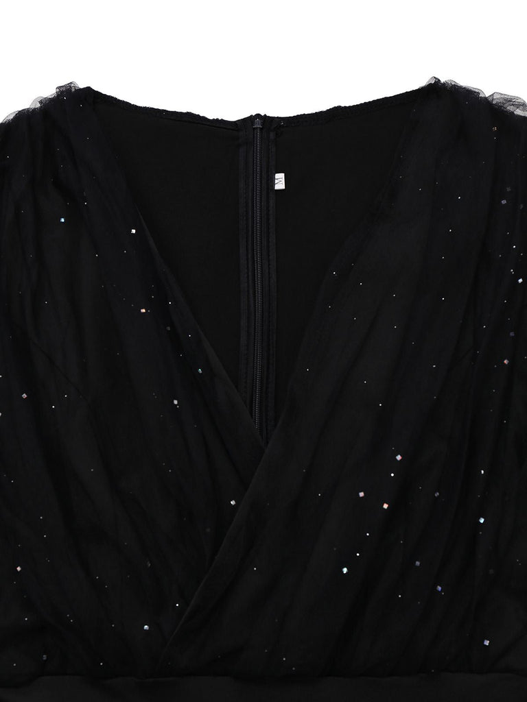 Schwarz 1930er Solide V-Ausschnitt Pailletten Unregelmäßiger Saum Kleid