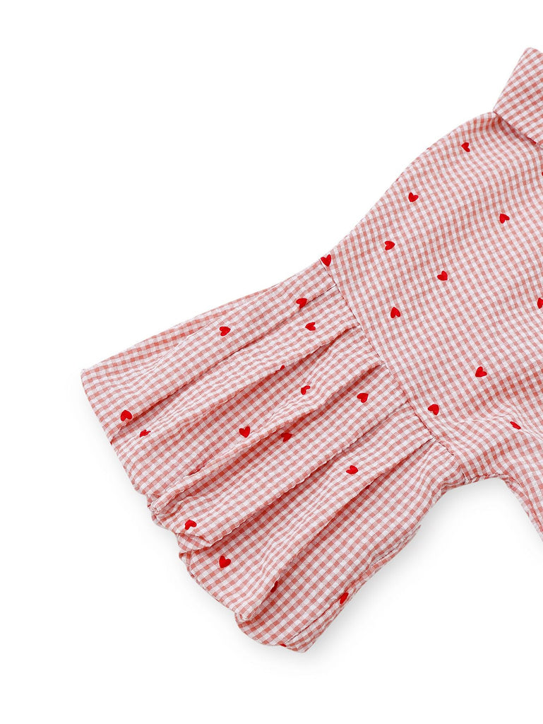 Rosa 1940er Kariert Herz Laternenärmel Gürtel Kleid