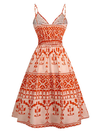 Orange 1940er Blumen Schnürung Hohl Kleid