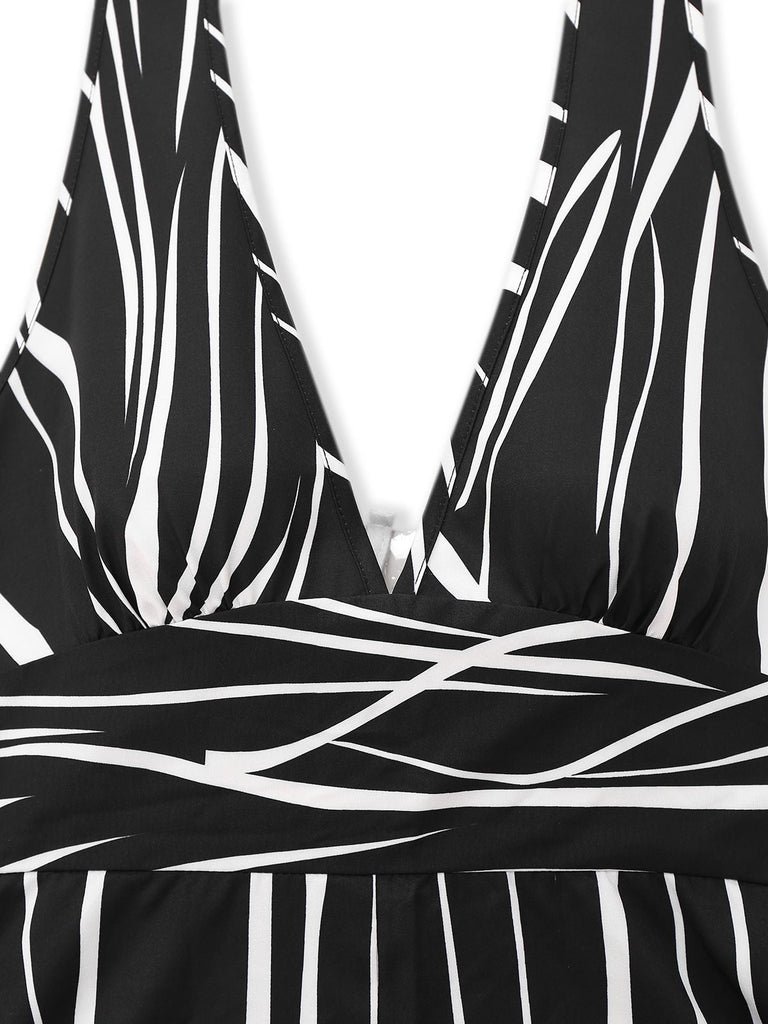 Schwarz & Weiß 1930er Unregelmäßiger Druck Halter Jumpsuit