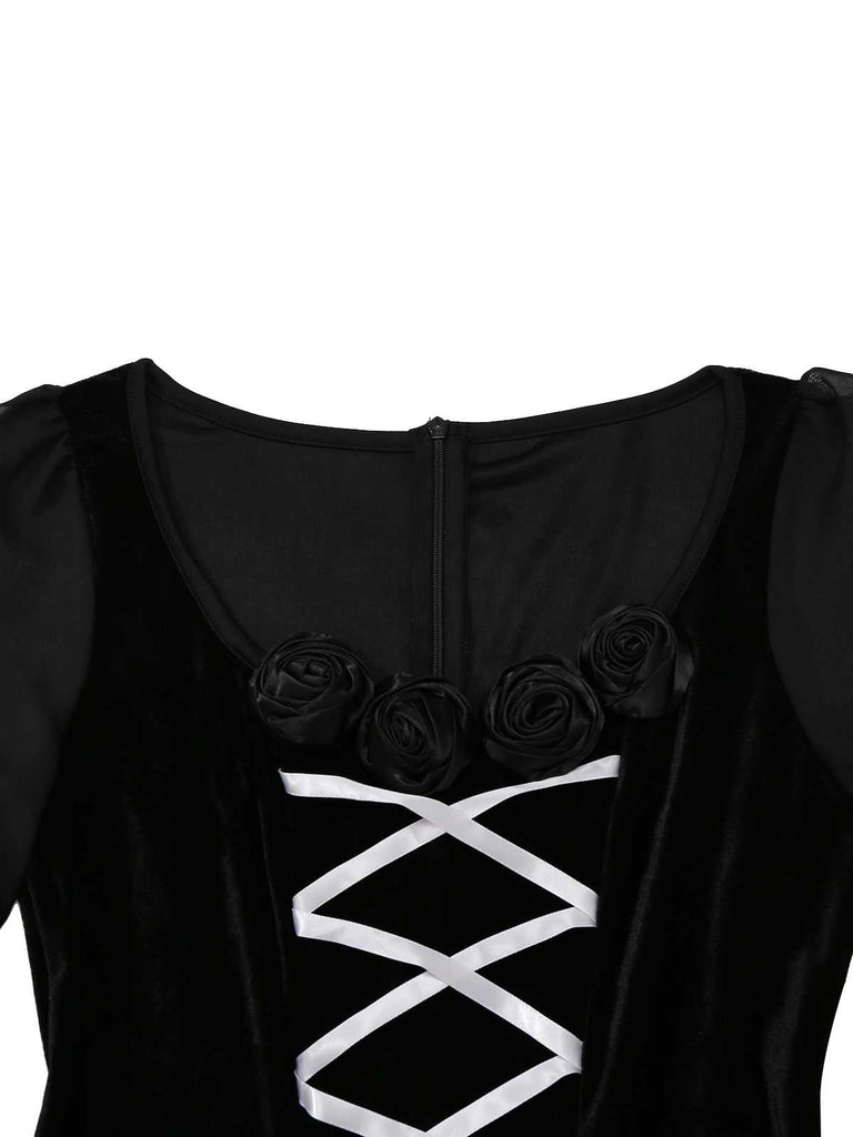 Schwarz 1980er Gothic Das Kreuz Samt 3D-Roses Kleid