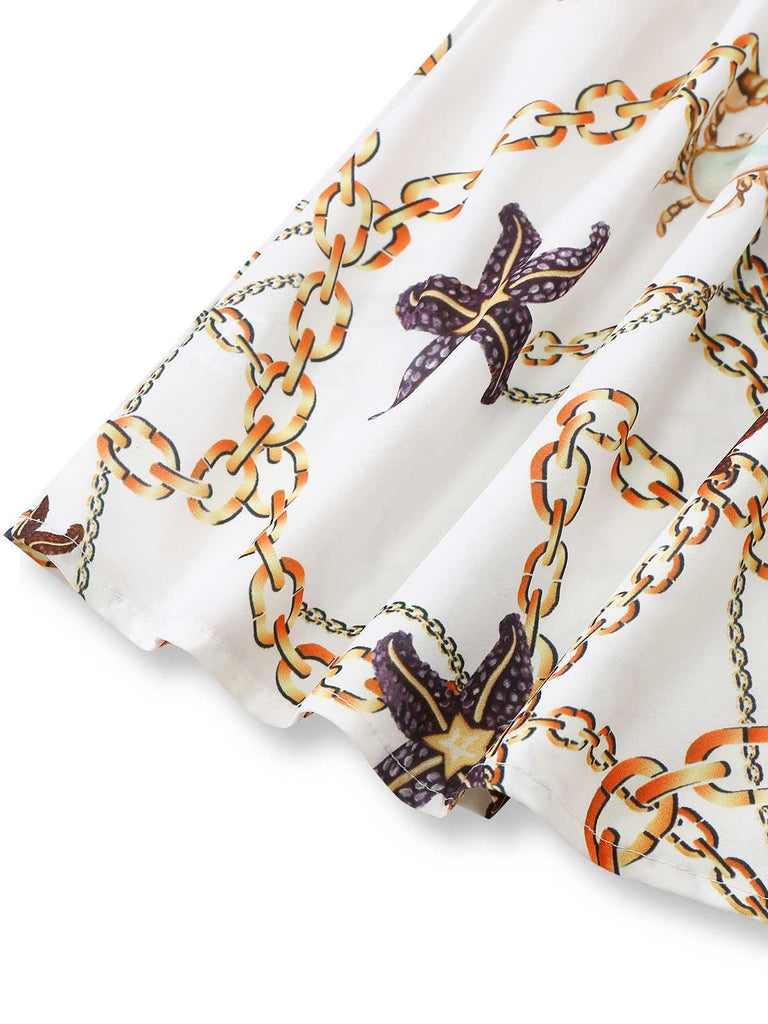 Weiß 1960er V-Ausschnitt Ketten Muschel Taille Cutout Romper