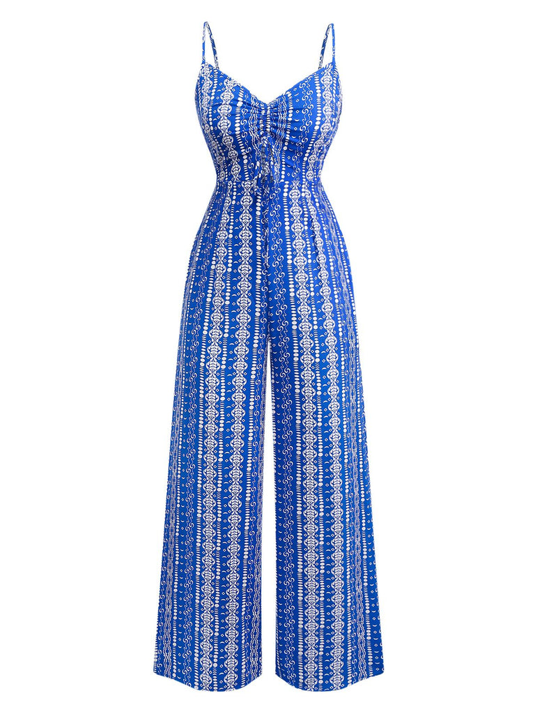 Blau 1970er Boho Spaghetti Träger Jumpsuit