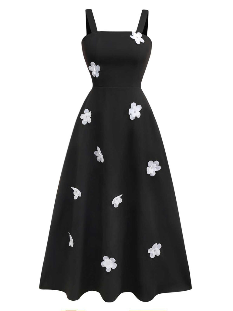 Schwarz 1950er Träger 3D-Gänseblümchen Solide Kleid