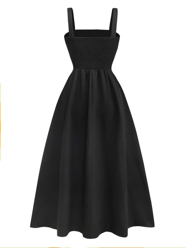 Schwarz 1950er Träger 3D-Gänseblümchen Solide Kleid