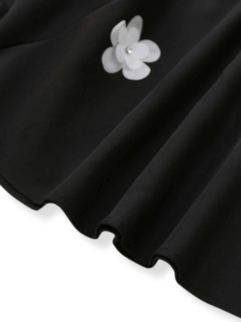 Schwarz 1950er Träger 3D-Gänseblümchen Solide Kleid