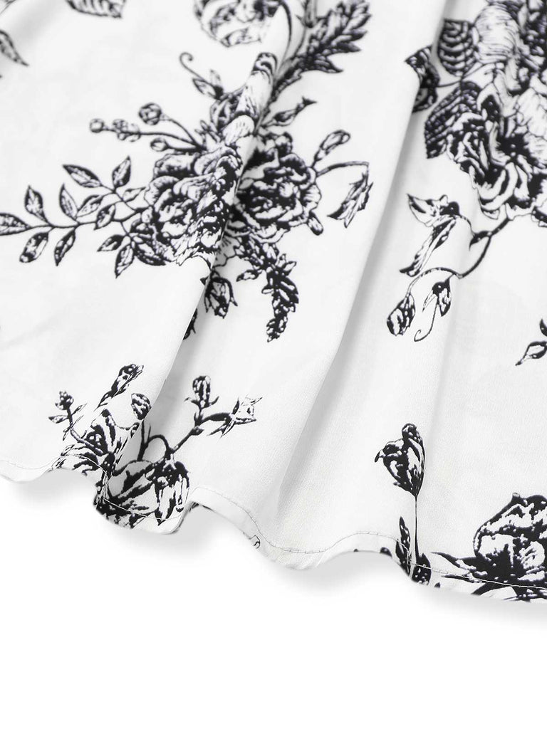 Schwarz 1950er Quadratischer Hals Blumen Kleid