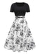 Schwarz 1950er Quadratischer Hals Blumen Kleid
