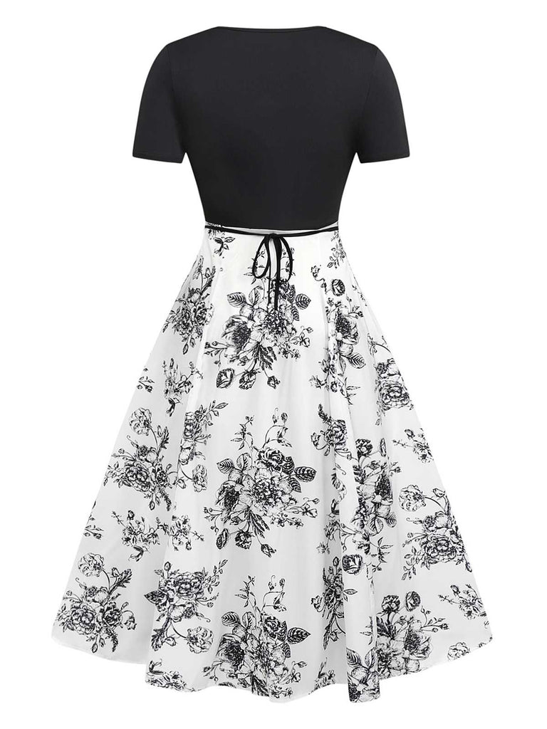 Schwarz 1950er Quadratischer Hals Blumen Kleid