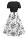 Schwarz 1950er Quadratischer Hals Blumen Kleid