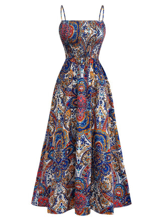 1970er Boho Spaghetti Träger Maxi Kleid