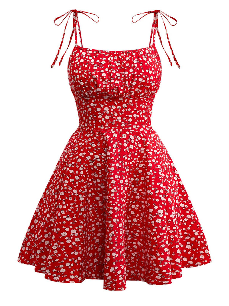 Rot 1960er Kleine Blumen Schnürung Mini Kleid