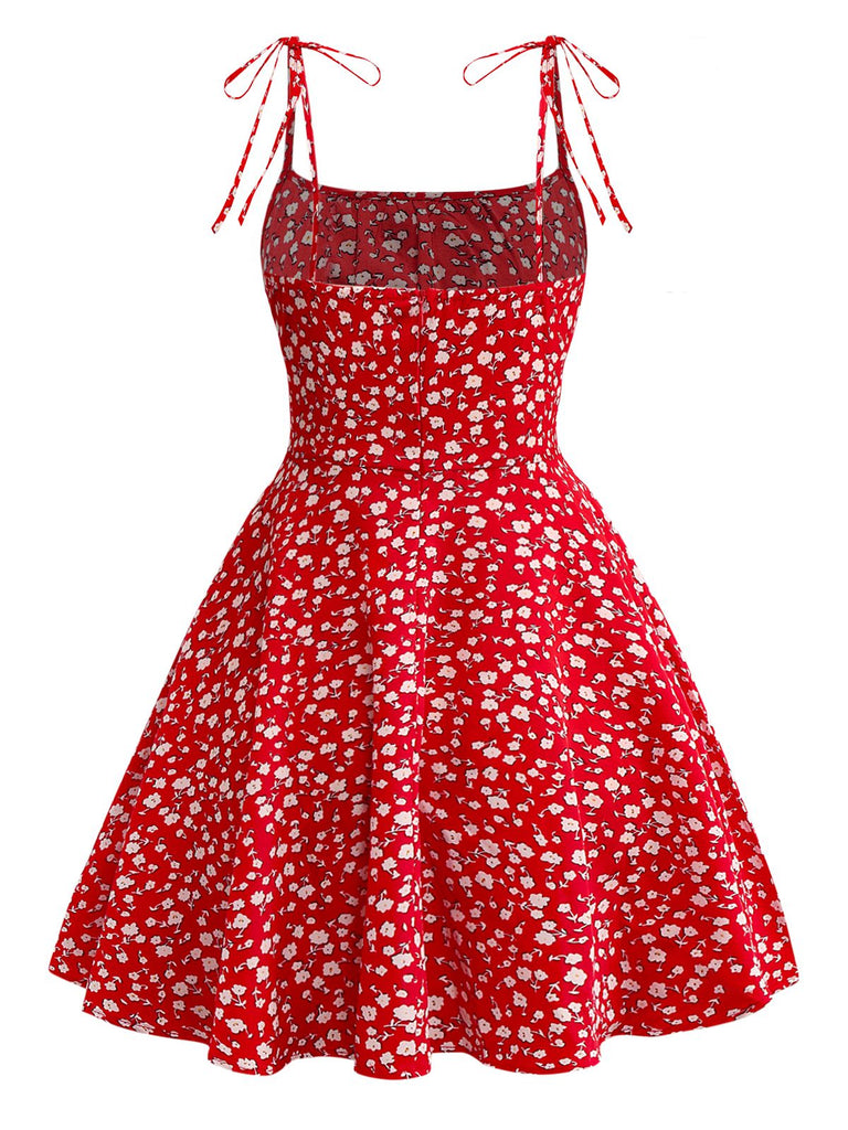 Rot 1960er Kleine Blumen Schnürung Mini Kleid