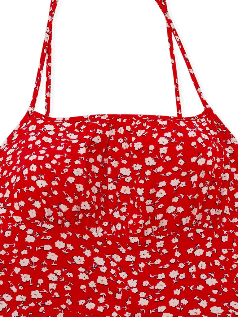 Rot 1960er Kleine Blumen Schnürung Mini Kleid